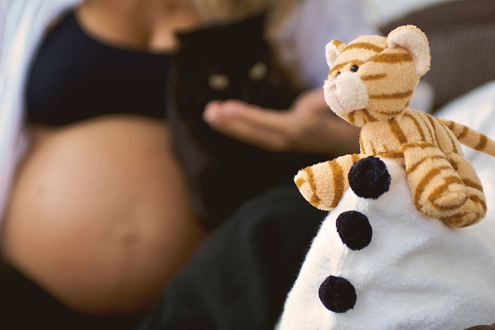 A pregnant woman reclining with a black cat at her side and a striped toy cat in the foreground