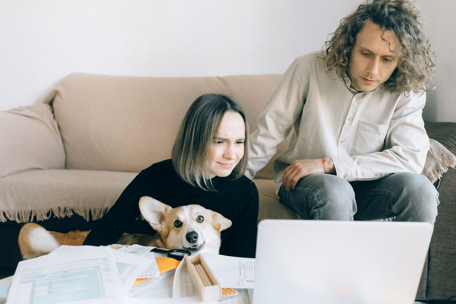 A woman and a man looking at a laptop by a sofa, with a Corgi resting its chin on a table covered in paperwork