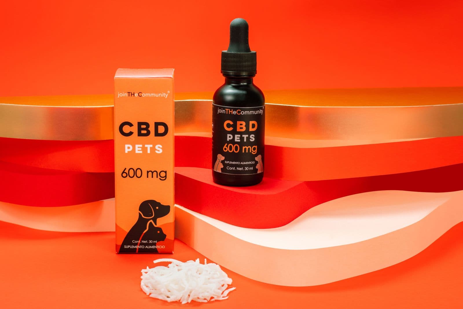 CBD pet product bottles and packaging displayed together
